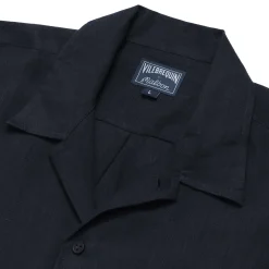 Vilebrequin Men Linen Bowling Shirt In Solid Navy - X Malbon*Men Shirts