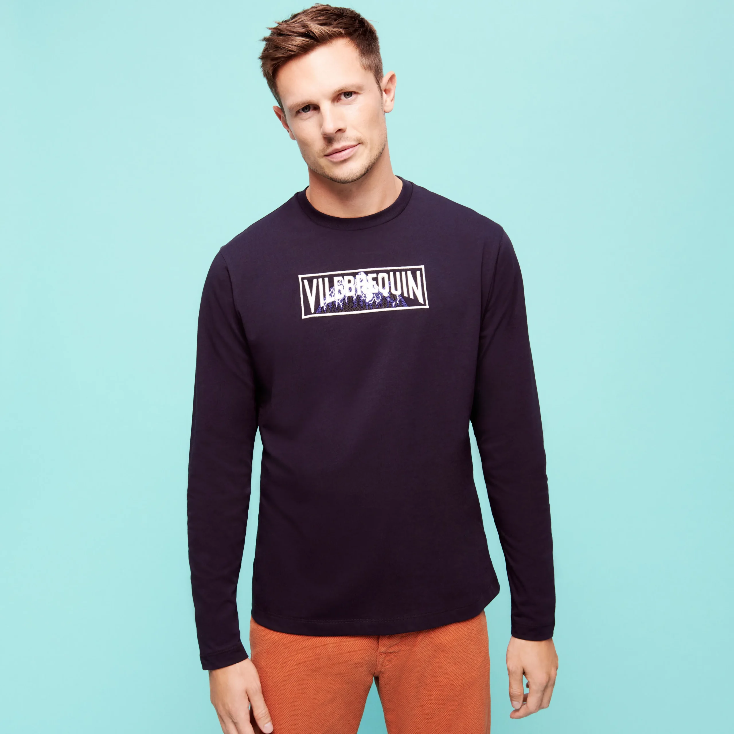 Vilebrequin Men Long Sleeves Cotton T-Shirt Embroidered Moutain Patch*Men T-Shirts
